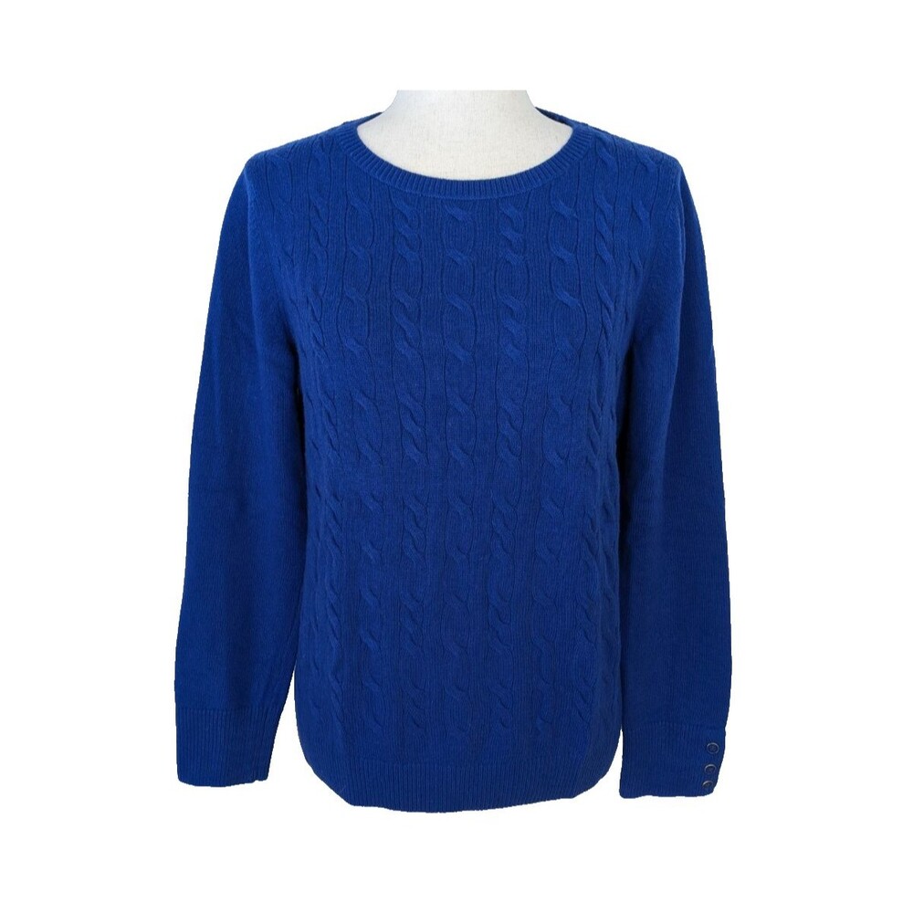 Talbots Womens LG Royal Blue Cotton Lambswool Cable Knit Pullover Sweater
